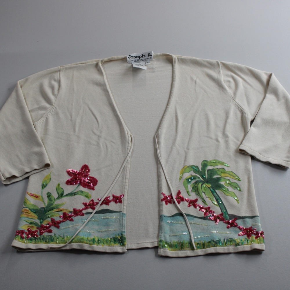 Joseph A. Silk Blend Tropical Beach Cardigan Cream Ivory Size L Stitch Graphic